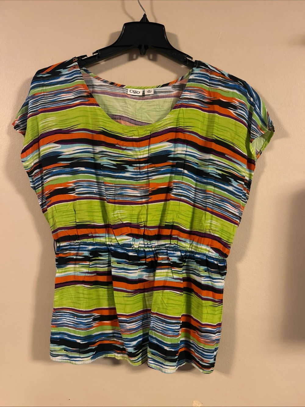 Cato Lime Green Multicolor Striped V-Neck Short Sleeve Top